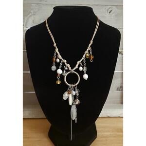 Vintage Beige Corded Boho Style Necklace Beaded Antiqued Silvertone